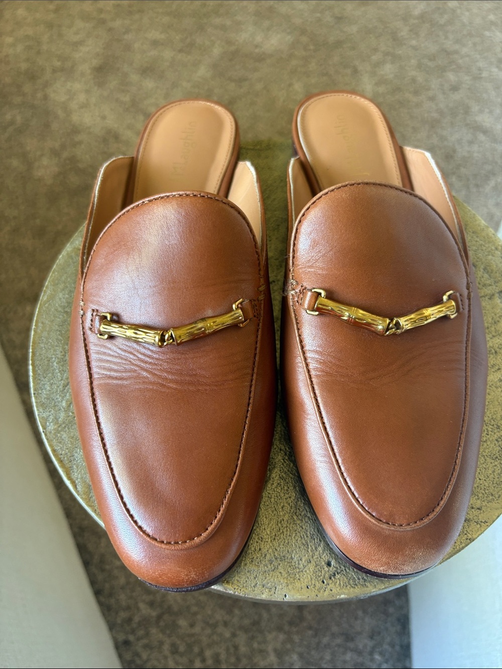 J. McLaughlin Brown Leather Mule Loafers with Gold Bamboo Bit